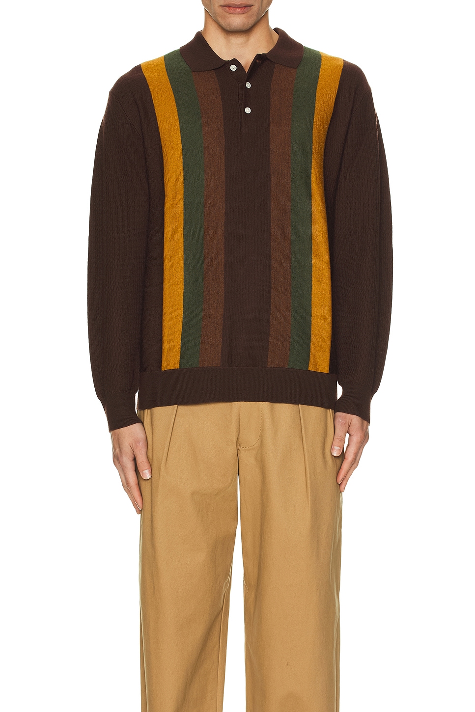 Image 1 of Beams Plus Knit Polo Stripe in Brown