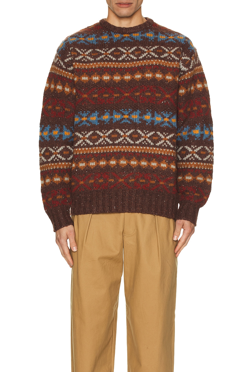 Image 1 of Beams Plus Crew Fair Isle Pattern 3g Sweater in Brown