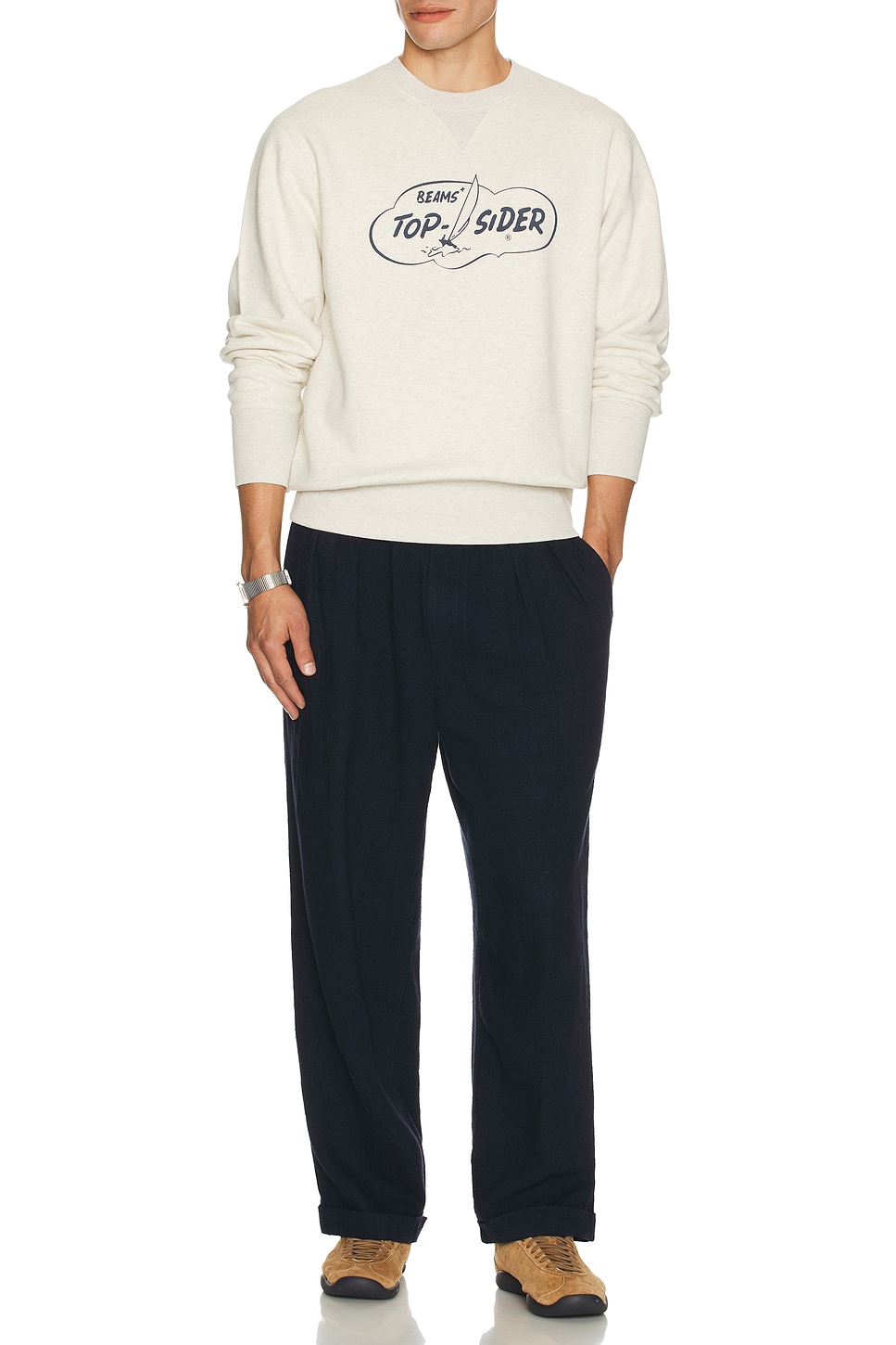 Image 1 of Beams Plus Sweat Crew Print in Oatmeal