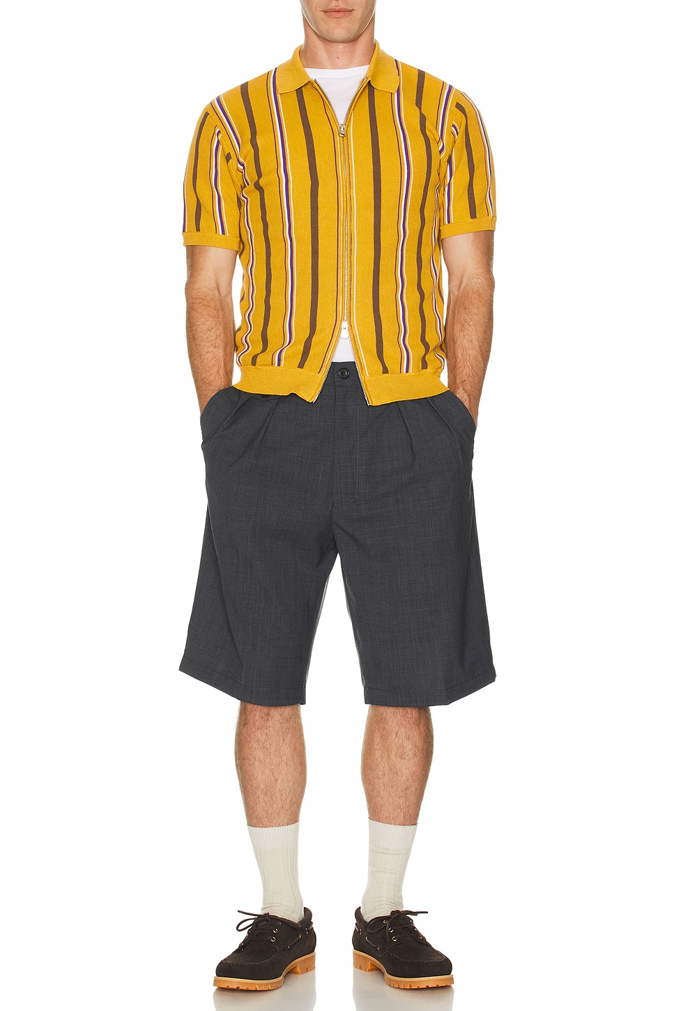 Image 1 of Beams Plus Zip Knit Stripe in Mustard