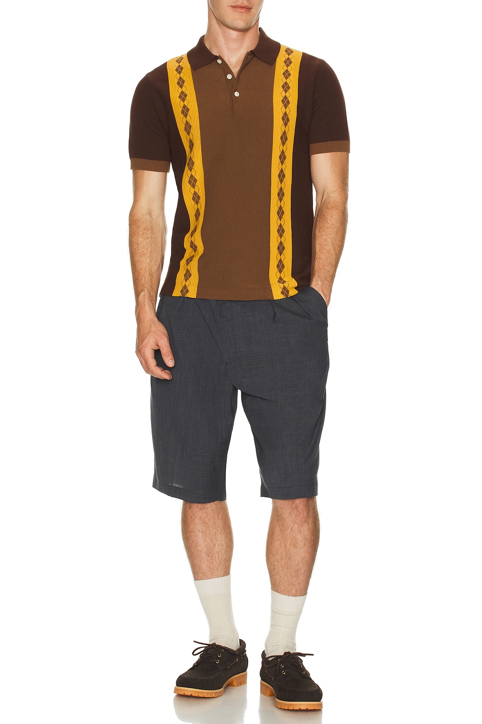 Image 1 of Beams Plus Knit Polo Stripe Argyle in Brown