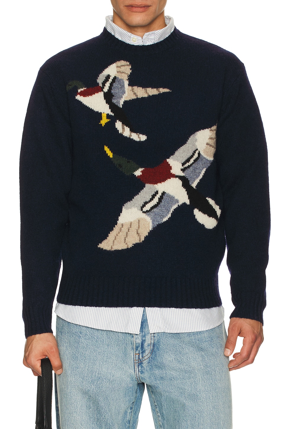 Image 1 of Beams Plus Crew Intarsia Duck Pattern Sweater in Navy