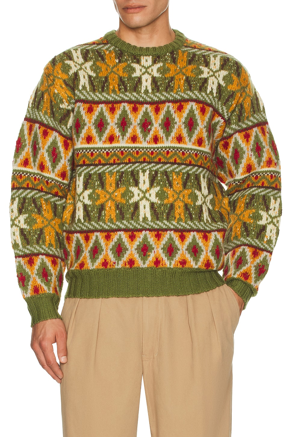 Image 1 of Beams Plus Crew Fair Isle Pattern 3g Sweater in Green