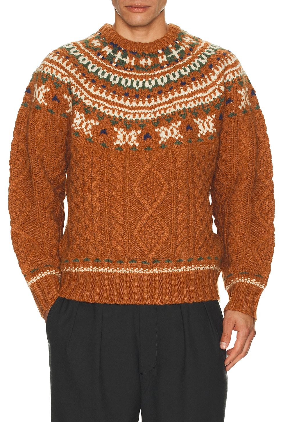 Image 1 of Beams Plus Crew Nordic Cable Sweater in Brick