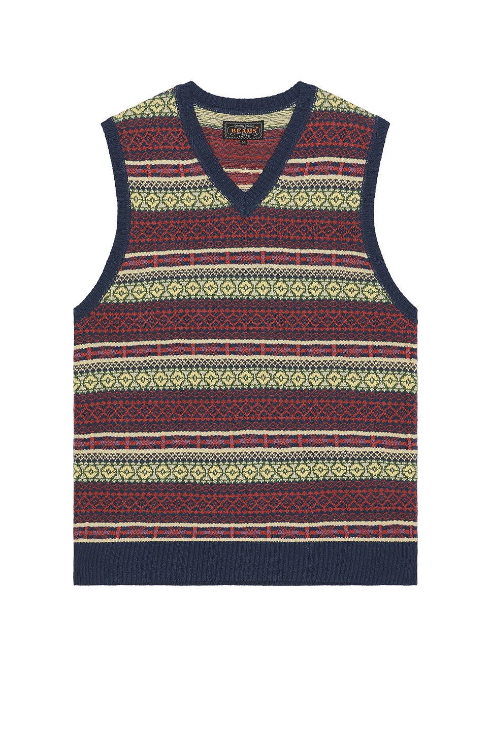 Image 1 of Beams Plus Cotton Linen Vest Fair Isle Pattern in Navy