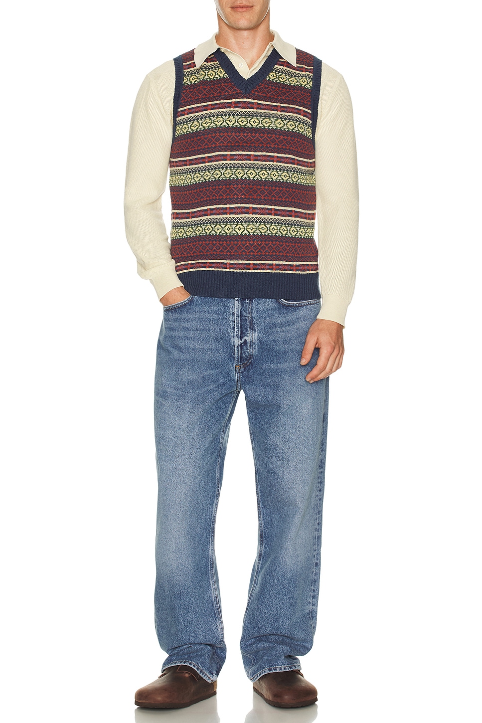 Image 1 of Beams Plus Cotton Linen Vest Fair Isle Pattern in Navy