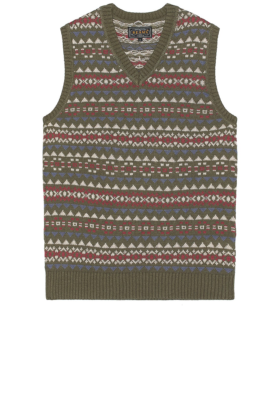 Image 1 of Beams Plus Cotton Linen Vest Fair Isle Pattern in Olive