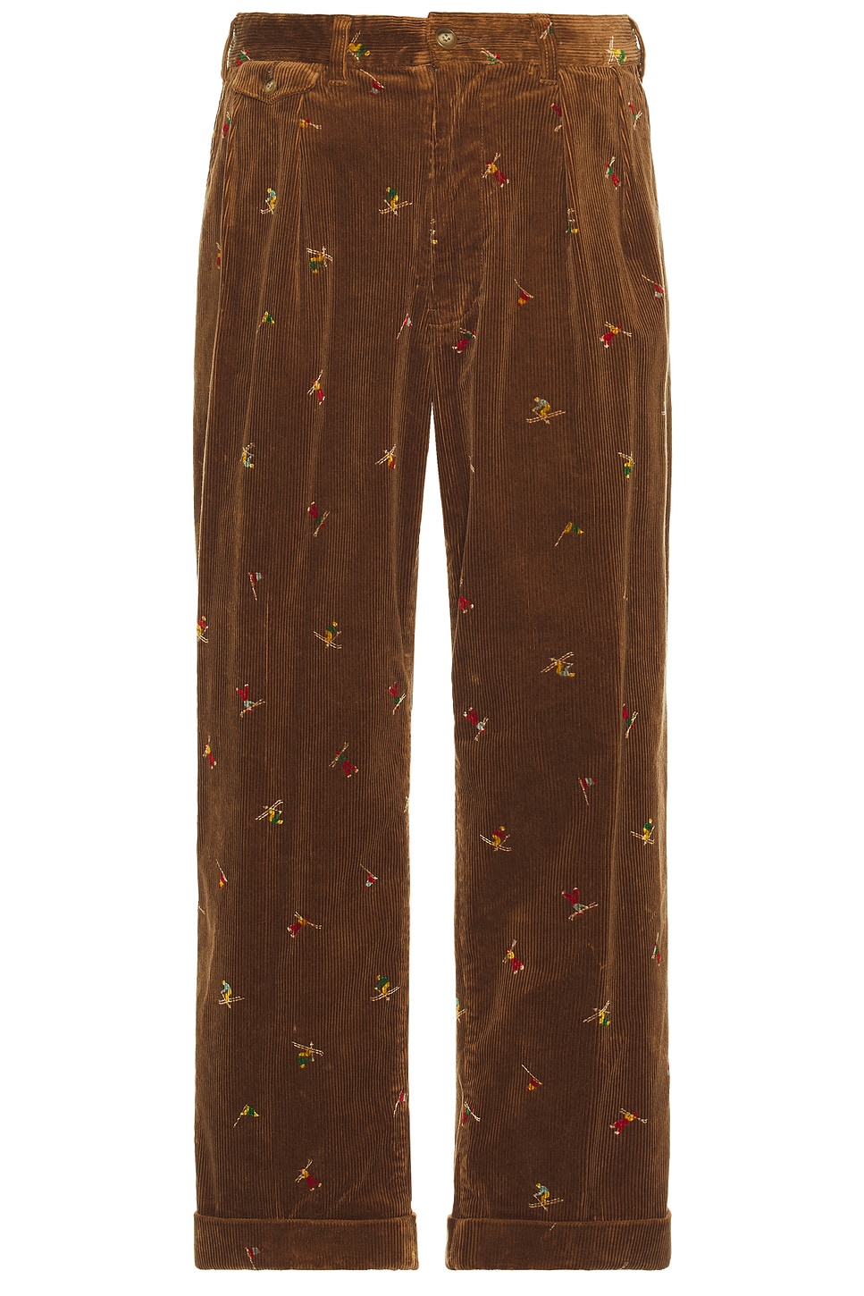 2 Pleats Trousers Corduroy Embroidery Like On Skier Print in Brown