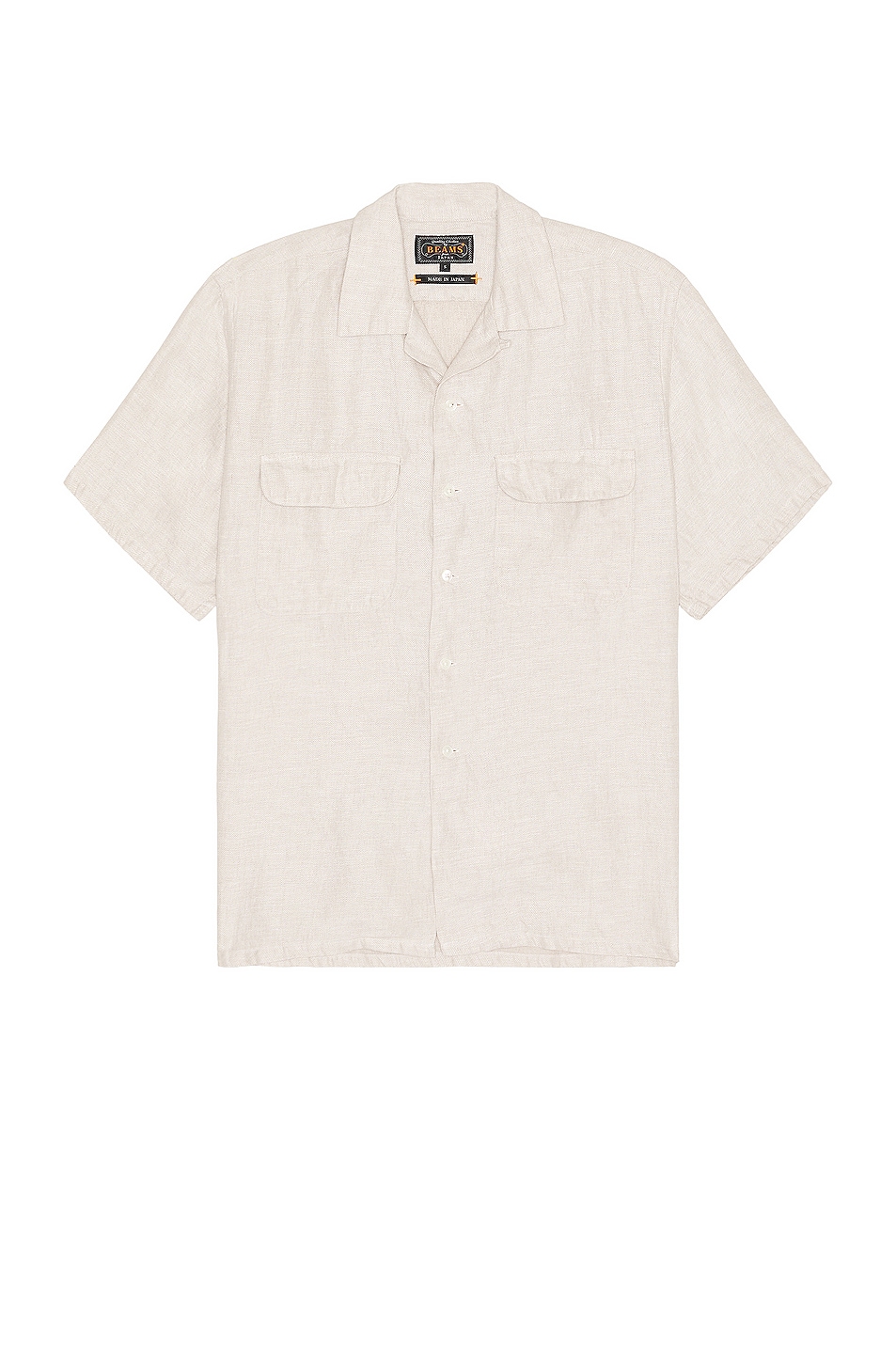 Image 1 of Beams Plus Open Collar Short Sleeve Linen Chambray Shirt in Natural