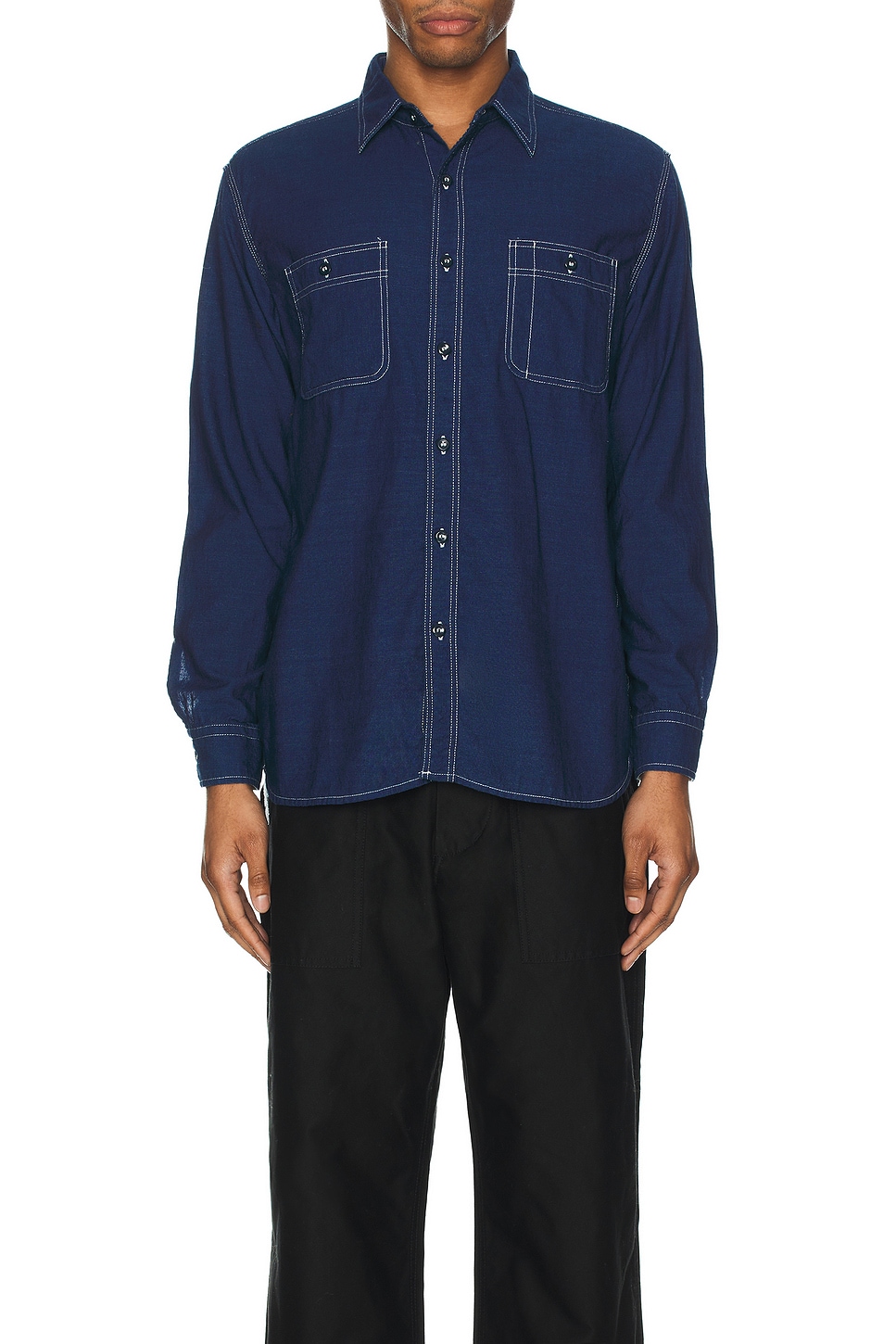Image 1 of Beams Plus Work Indigo Chambray Shirt in Indigo