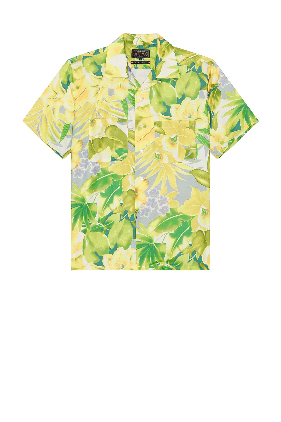Image 1 of Beams Plus Open Collar Tropical Pattern Print in Yellow