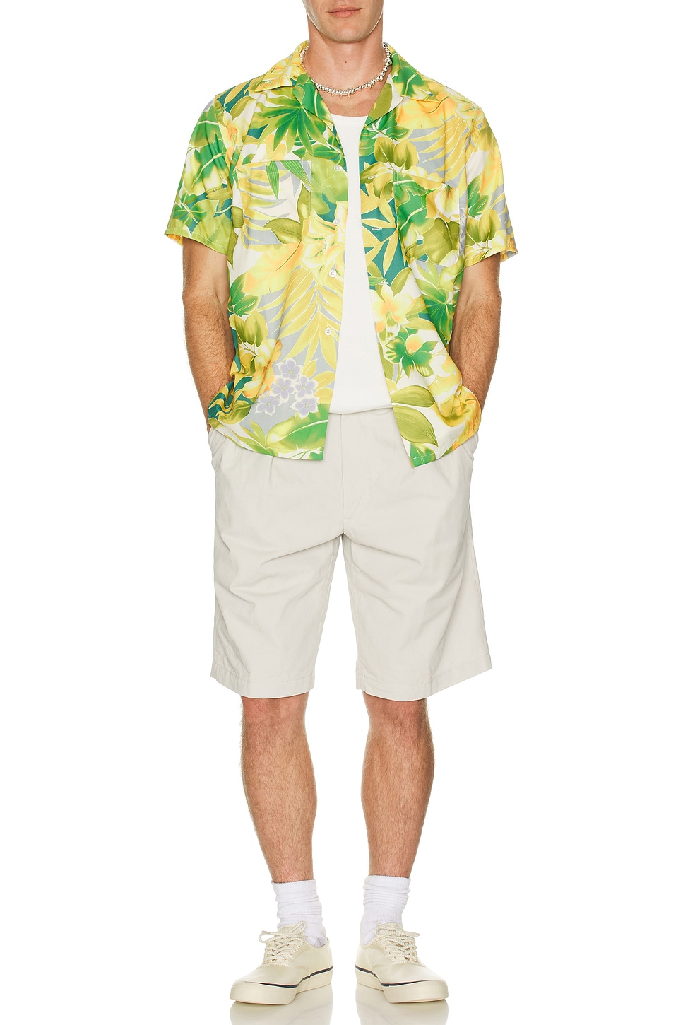 Image 1 of Beams Plus Open Collar Tropical Pattern Print in Yellow