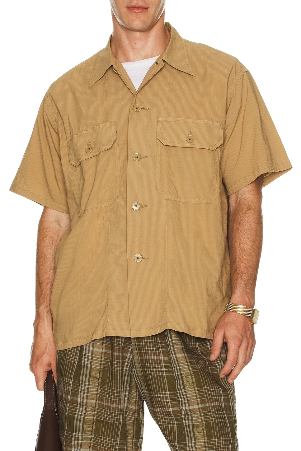 Image 3 of Beams Plus Mil Sht Shirt Textured Ripstop in Khaki