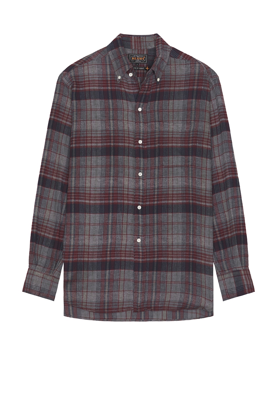 Image 1 of Beams Plus Open Collar Brushed Satin Plaid Shirt in Red