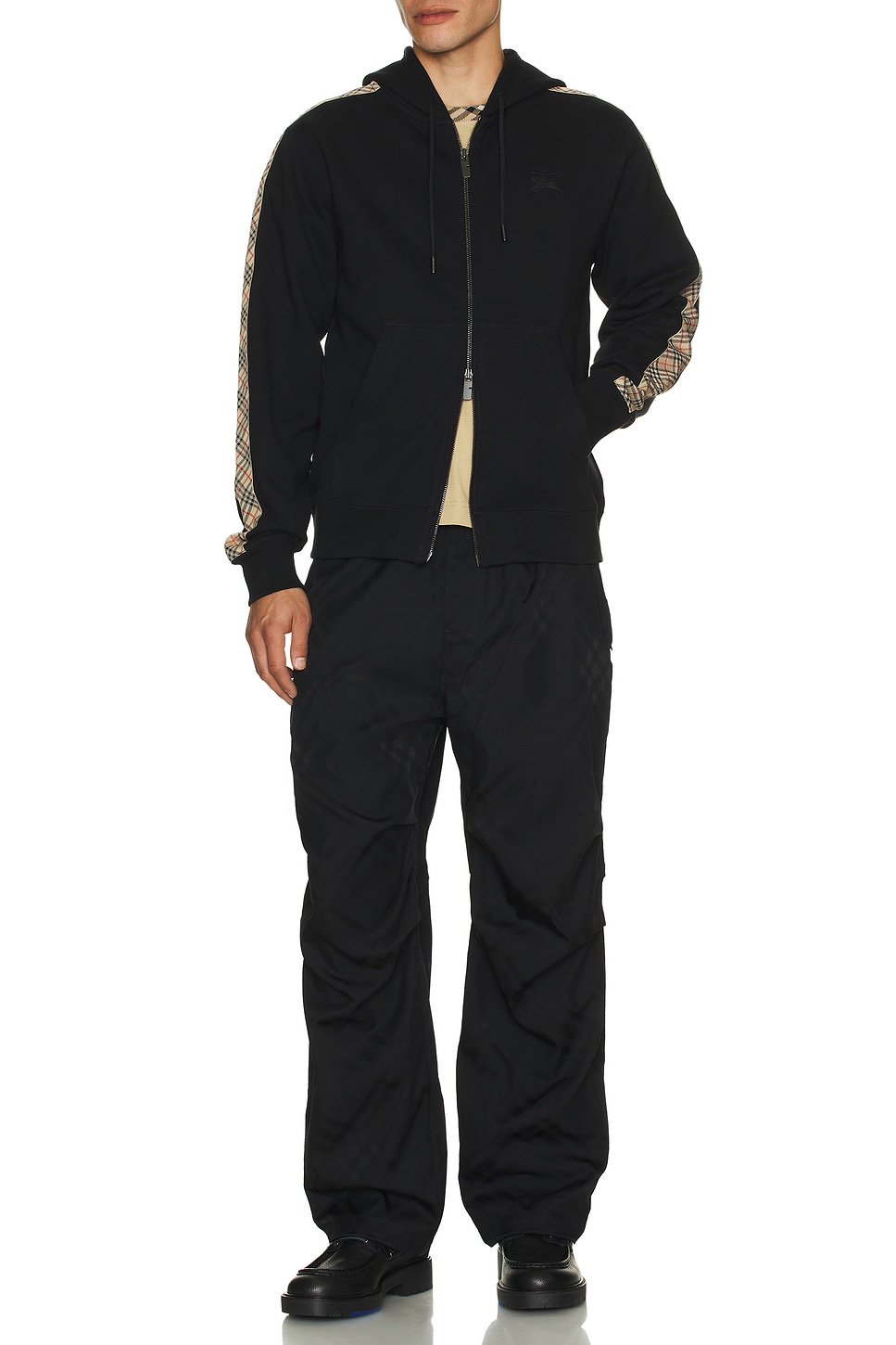 Image 1 of Burberry Check Tape Zip Through Hoodie in Black