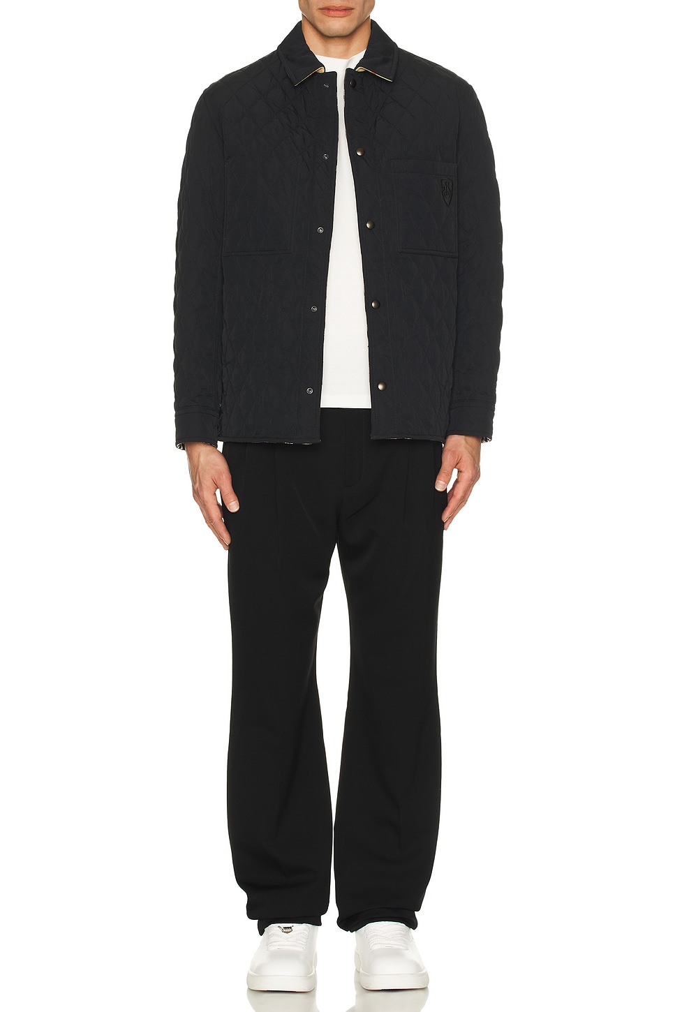Image 1 of Burberry Reversible Quilted Overshirt in Black & Sand IP Check