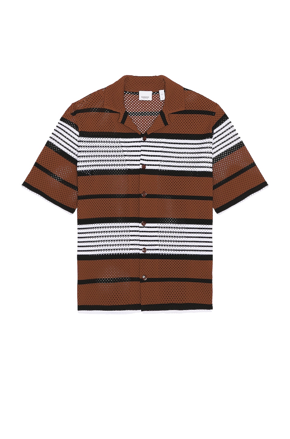 Image 1 of Burberry Tripled Striped Open Collar Shirt in Dark Birch Brown