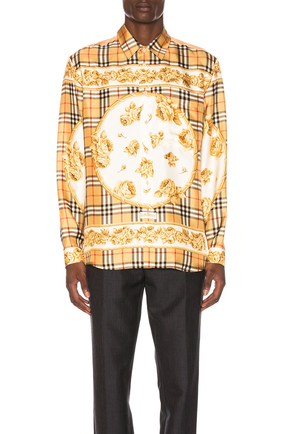 Image 1 of Burberry Paneled Scarf Print Silk Shirt in Antique Yellow