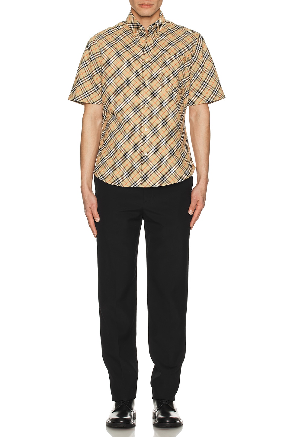 Image 1 of Burberry Check Short Sleeve Oxford Shirt in Sand IP Check