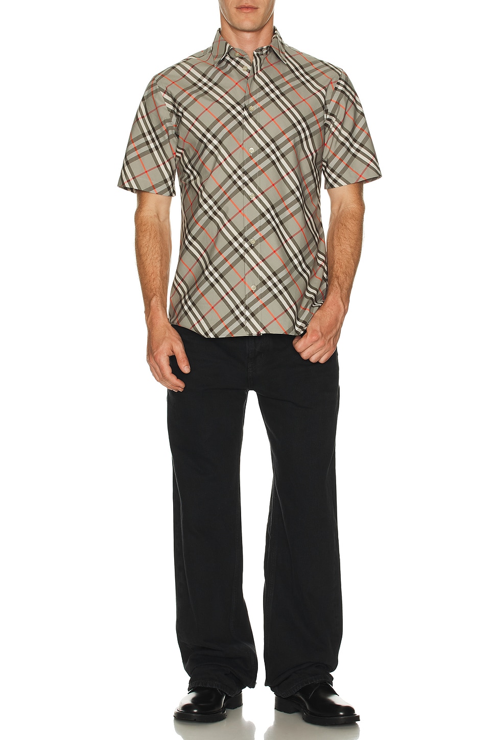Image 1 of Burberry Short Sleeve Bias Check Slim Fit Shirt in Mauve Grey IP Check