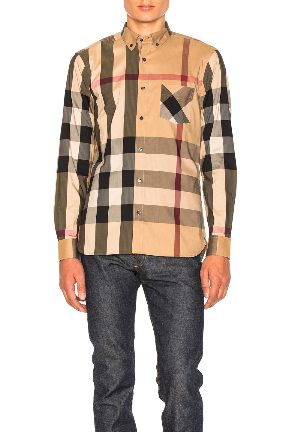 Image 1 of Burberry Herringbone Stretch Giant Check Shirt in Camel