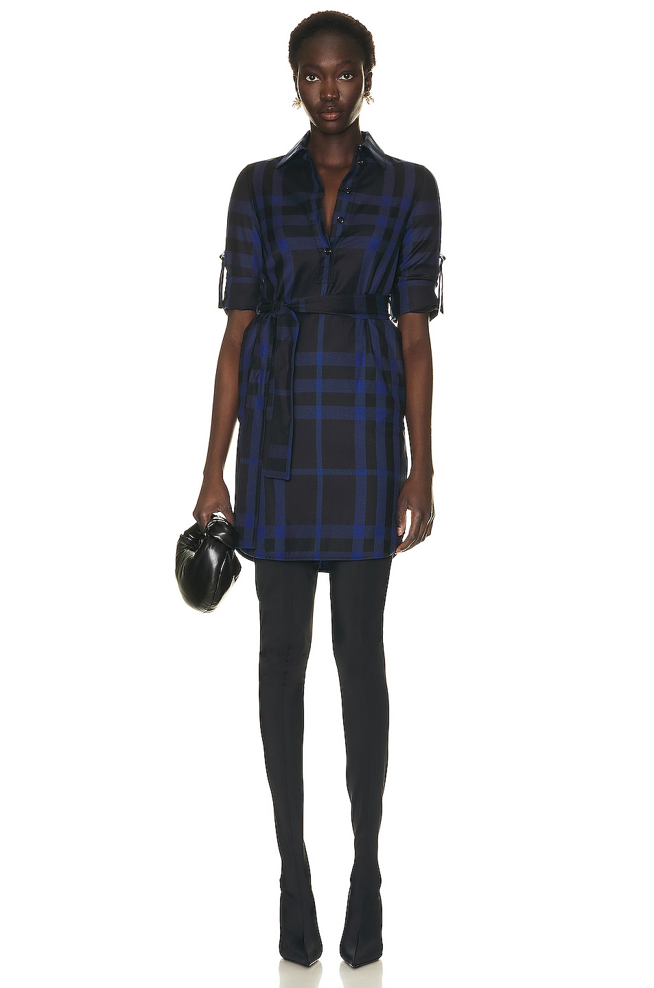 Image 1 of Burberry Kari Check Shirt Belted Dress in Dark Charcoal Blue IP Check