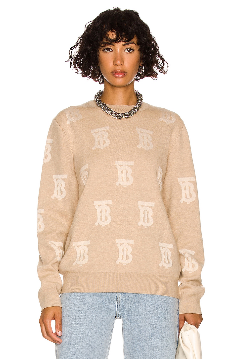 Image 1 of Burberry Saskia All Over TB Crew Neck Sweater in Light Camel