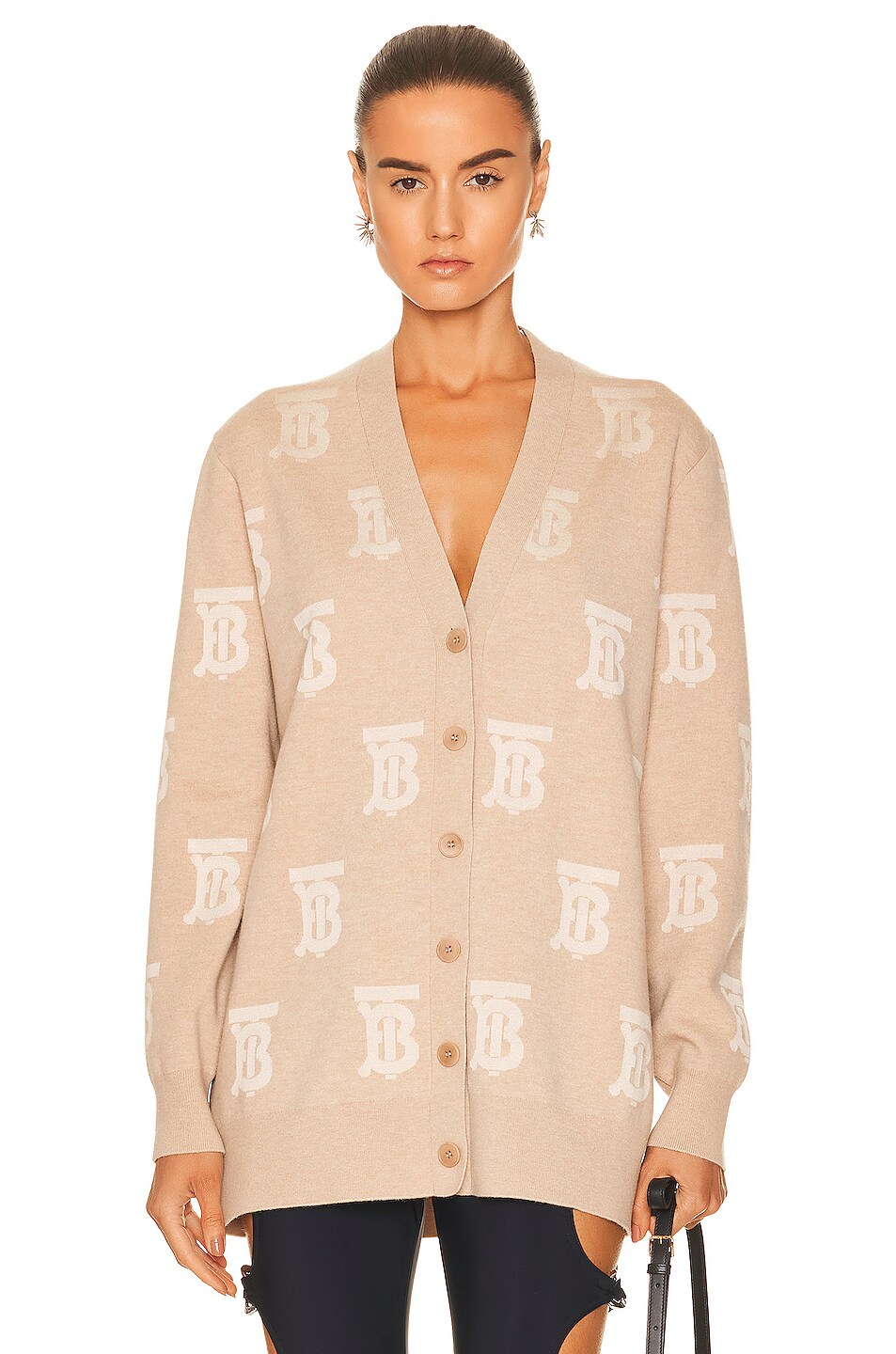 Image 1 of Burberry Salena All Over TB Knit Cardigan in Light Camel
