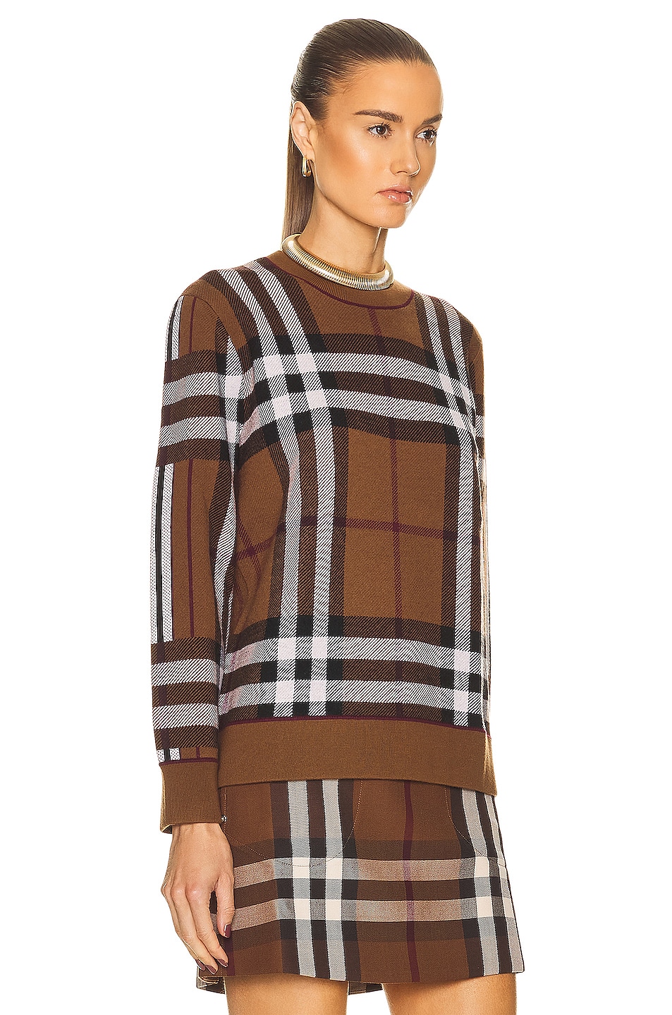 Burberry Fallon Patchwork Check Crewneck Sweater in Dark Birch Brown | FWRD