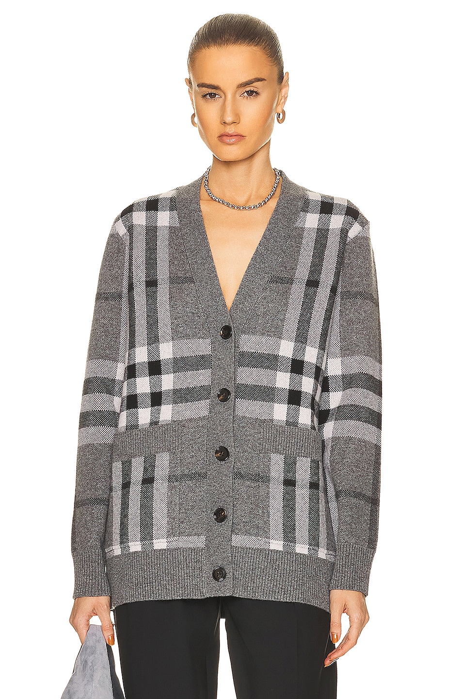 Image 1 of Burberry Willah Check Oversized Cardigan in Mid Grey Melange