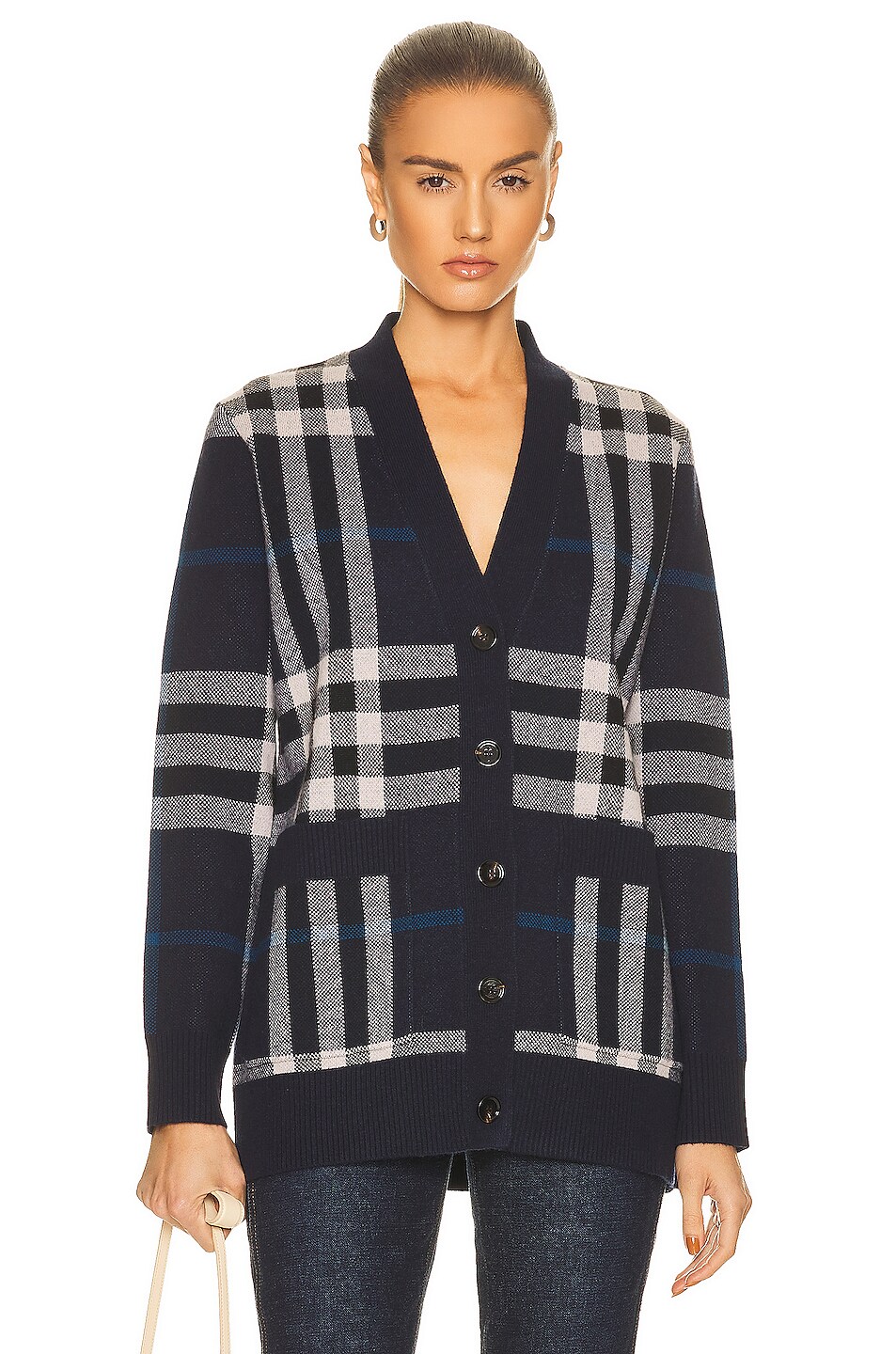 Burberry Willah Check Oversize Cardigan in Dark Charcoal Blue | FWRD