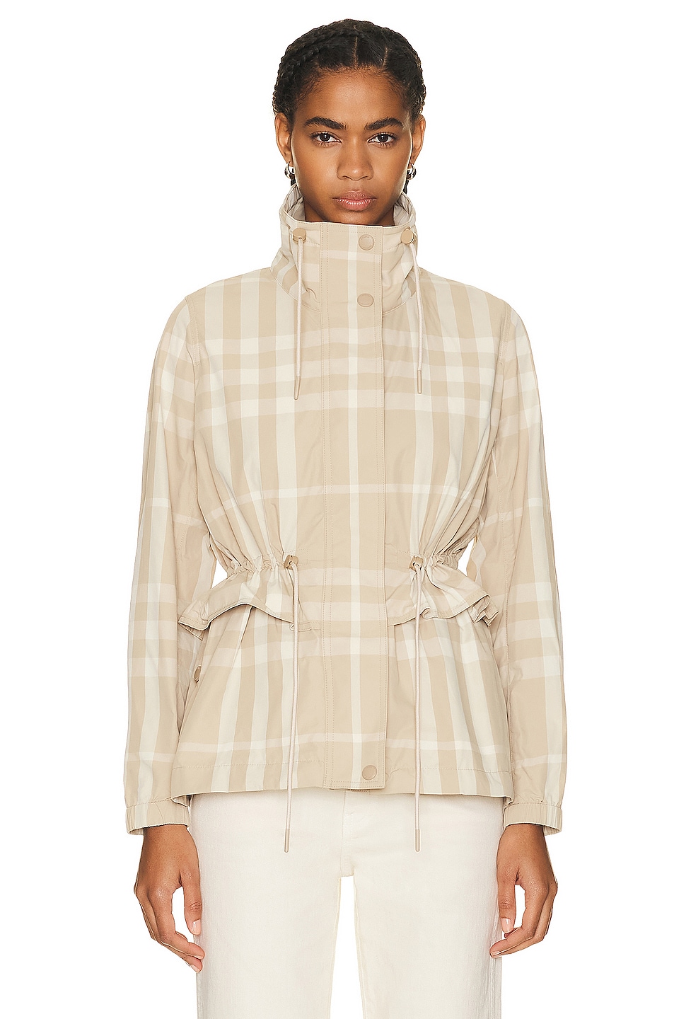 Image 1 of Burberry Ruched Waist Jacket in Soft Fawn IP Check