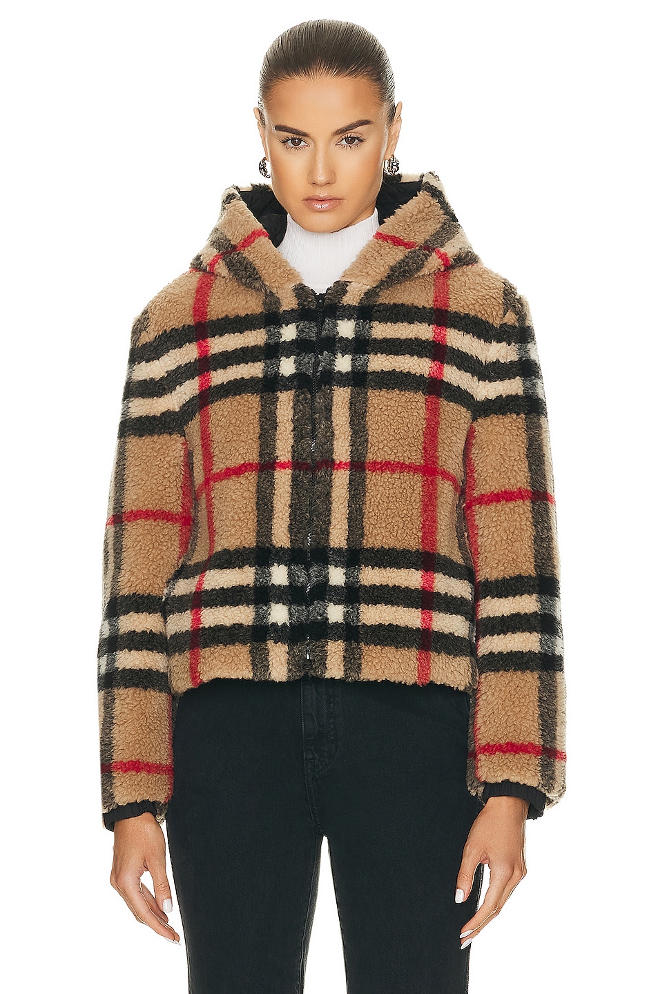 Image 1 of Burberry Hooded Fleece Jacket in Archive Beige Check