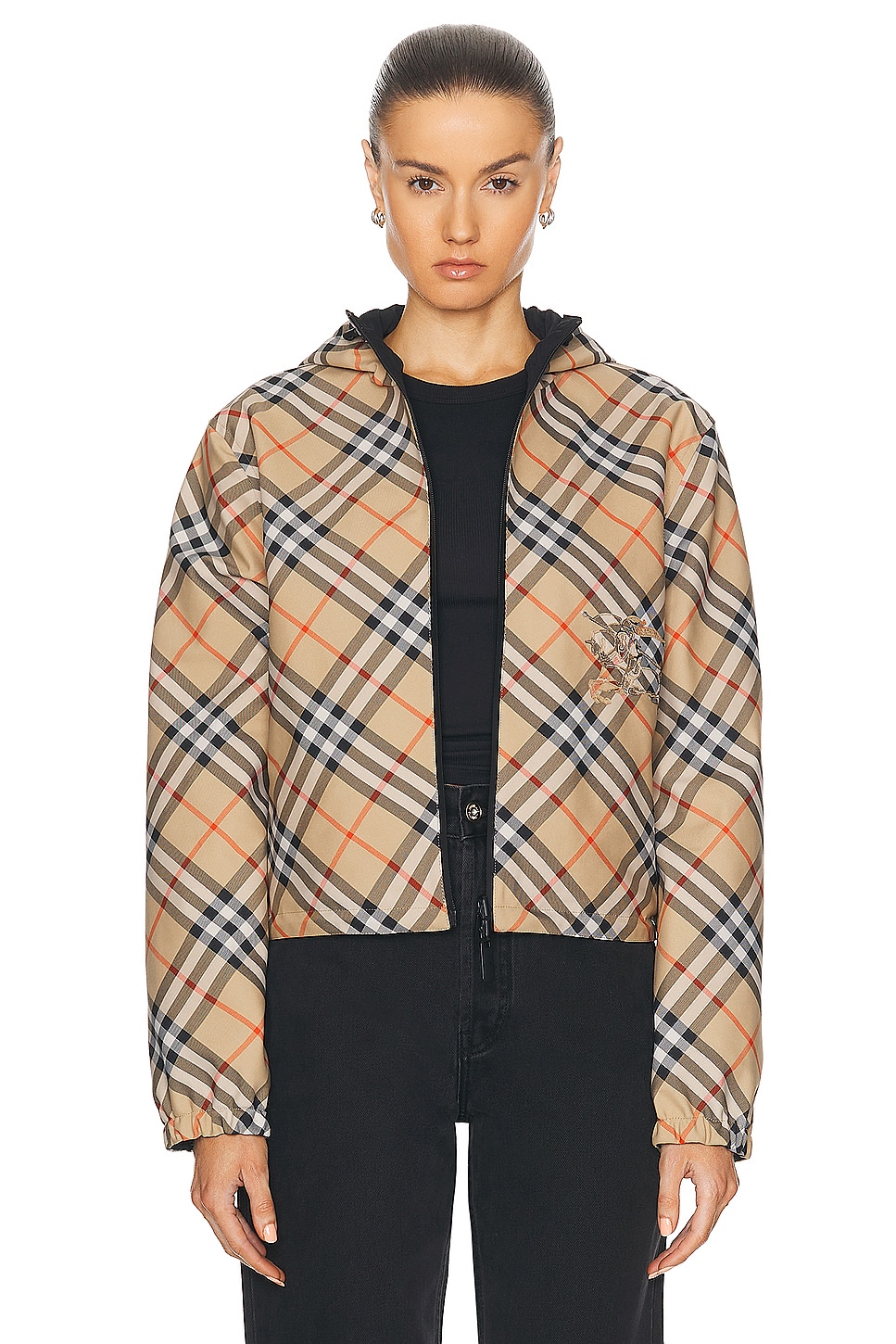 Image 1 of Burberry Crop Check Reversible Jacket in Sand IP Check
