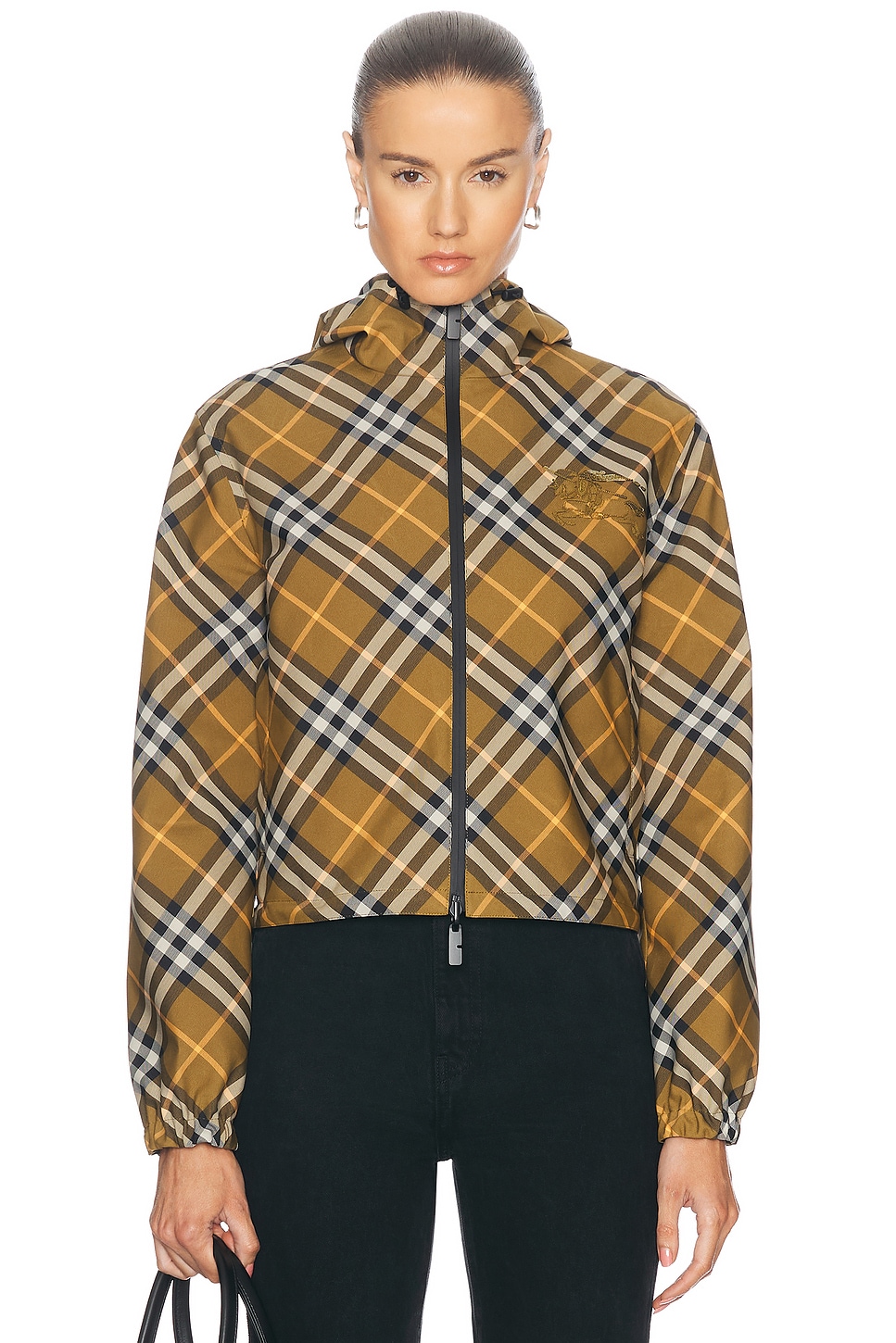 Shop Burberry Zip Up Jacket With Hood In Oxide Ip Check