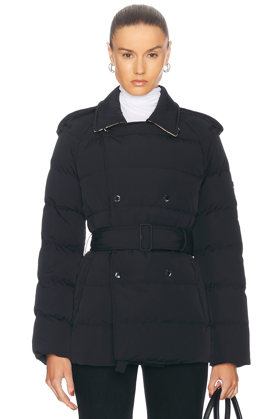 Shop Burberry Puffer Coat In Black & Sand Ip Check