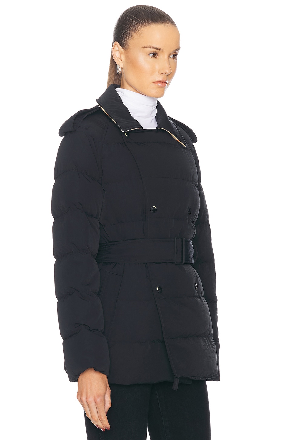 Shop Burberry Puffer Coat In Black & Sand Ip Check