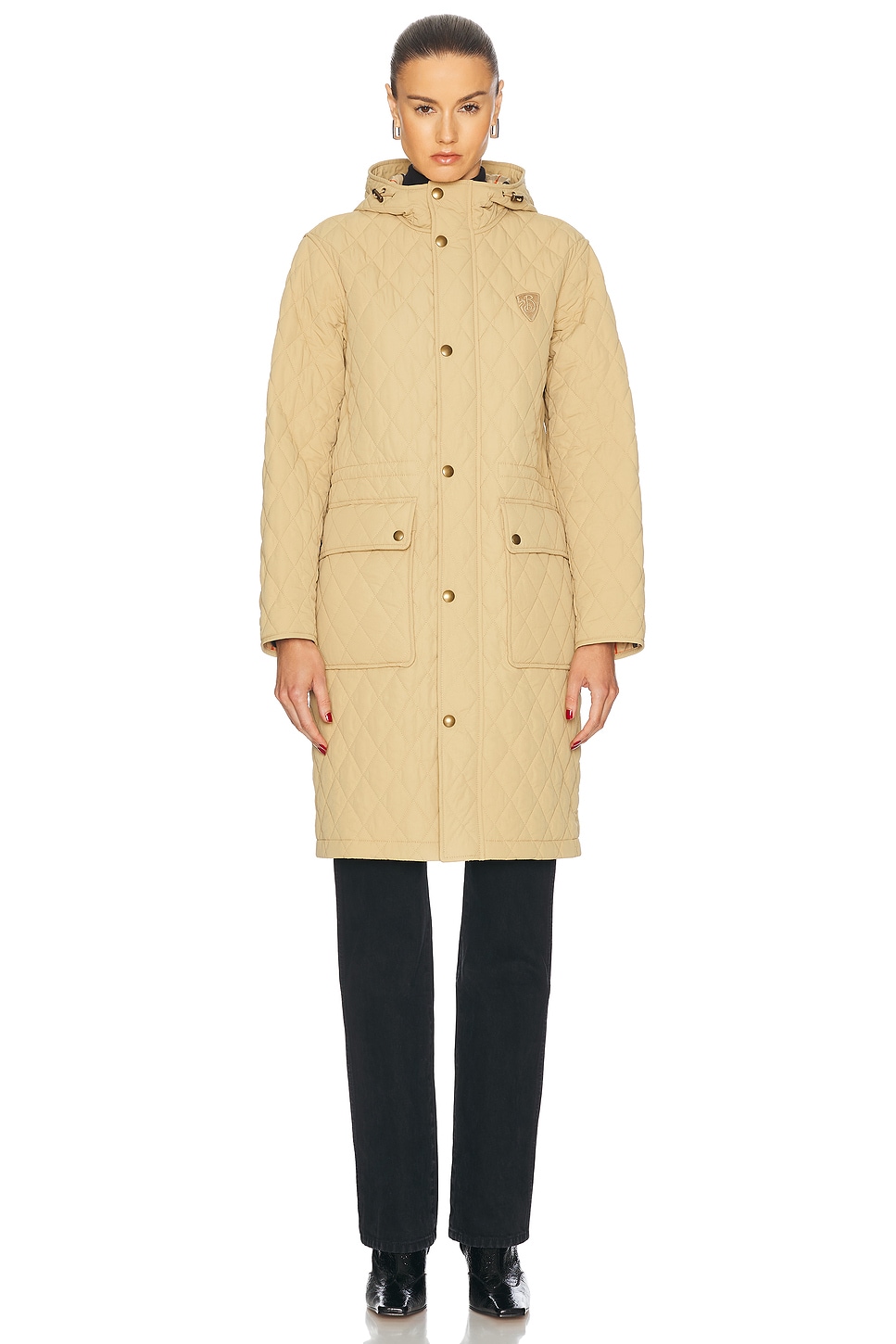 Shop Burberry Long Quilted Jacket In Flax & Sand Ip Check