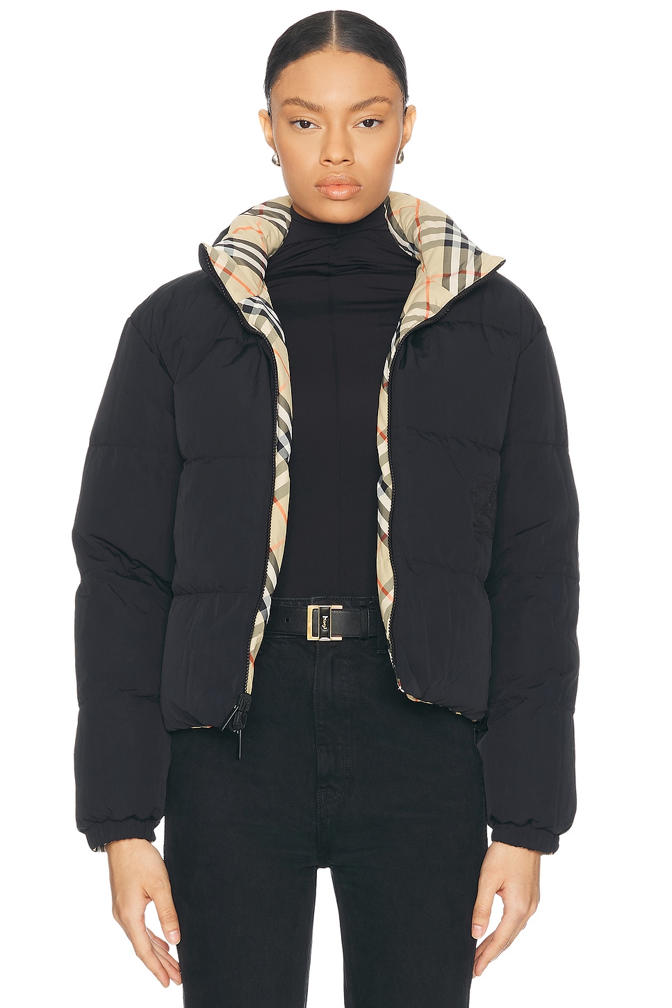 Burberry Woman Printed Nylon Reversible Down Jacket In Sand Ip Check