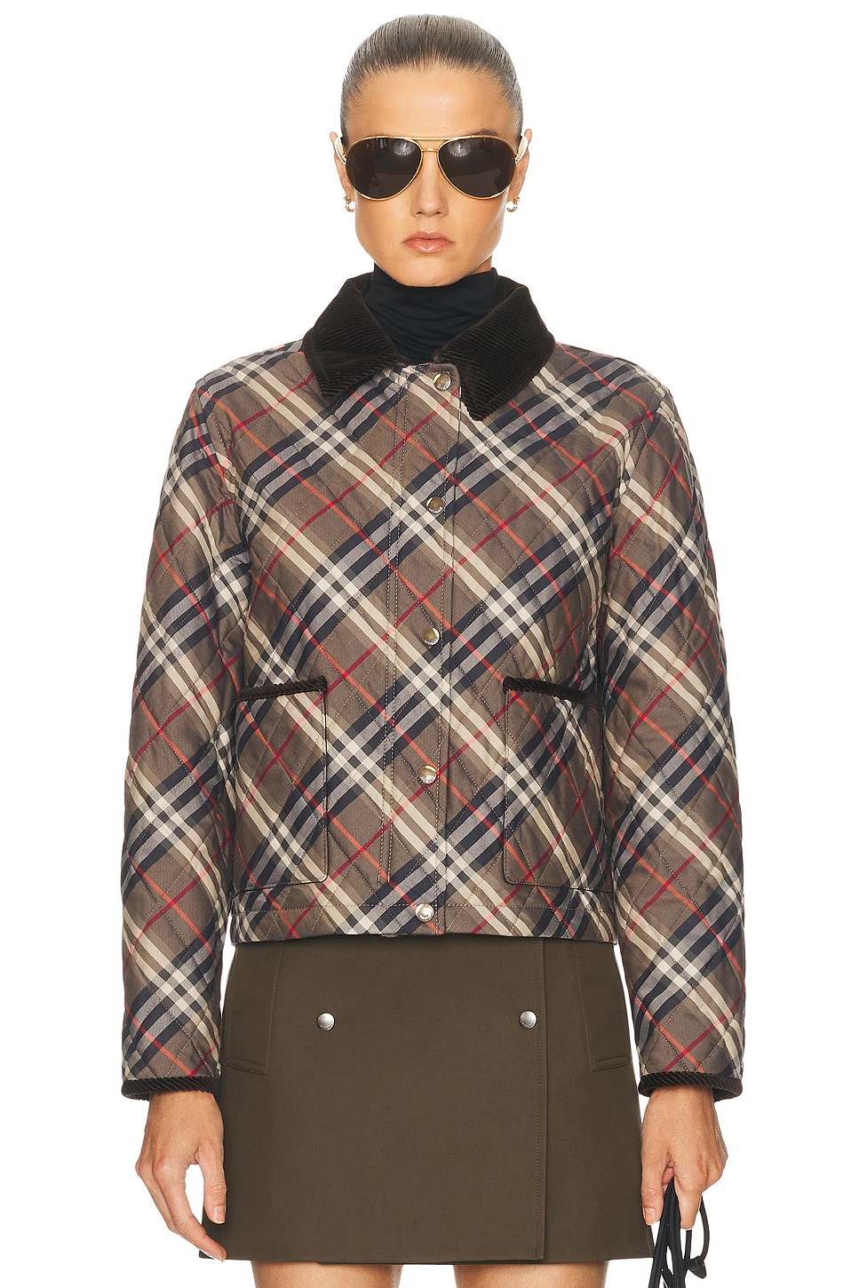 Image 1 of Burberry Cropped Quilted Jacket in Moss Brown & Ink Grey