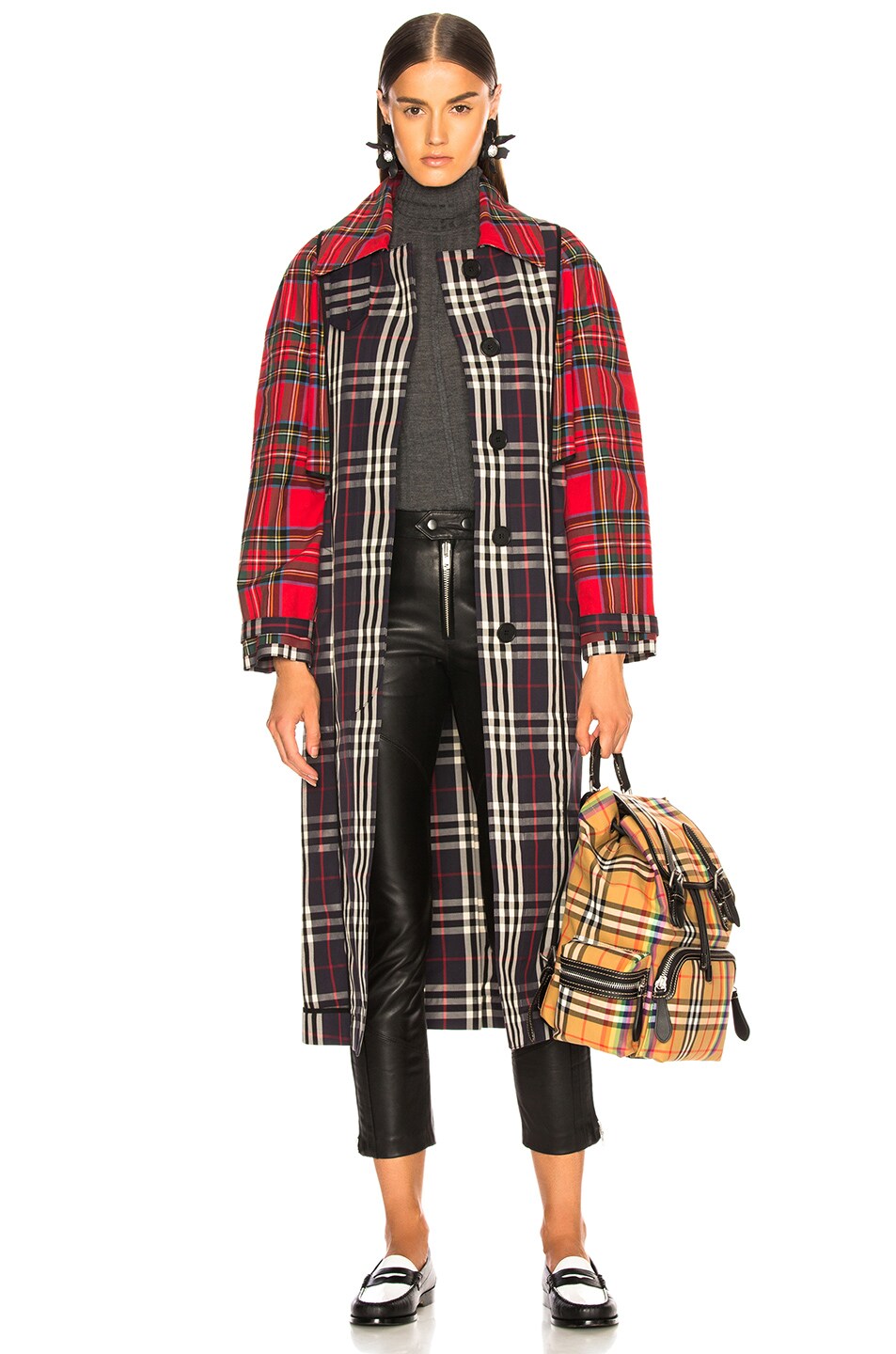 Image 1 of Burberry Tartan Trench Coat in Red, Black & White