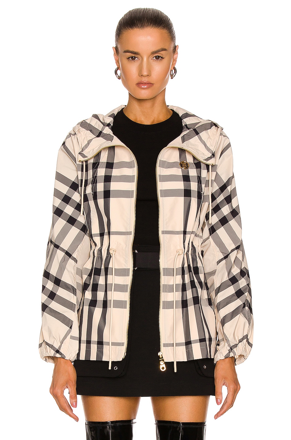Image 1 of Burberry Emily Check Triangle Parka in Buttermilk Beige