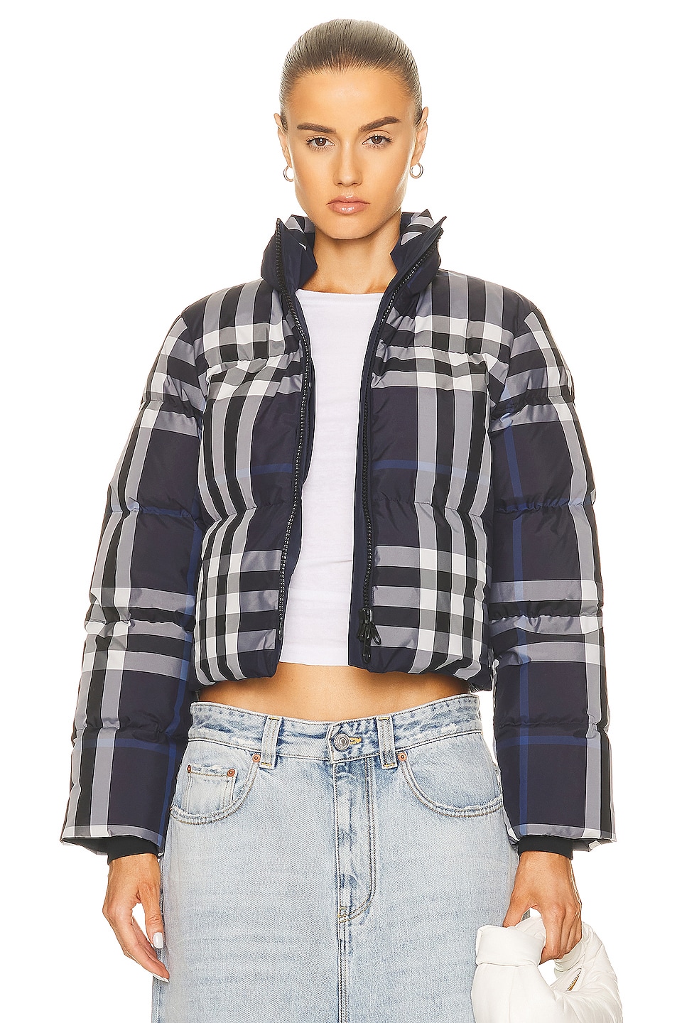 Image 1 of Burberry Aldfield Cropped Down Jacket in White & Blue IP Check
