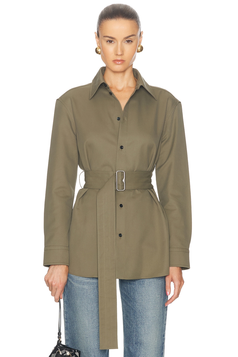 Image 1 of Burberry Belted Button Up Top in Khaki