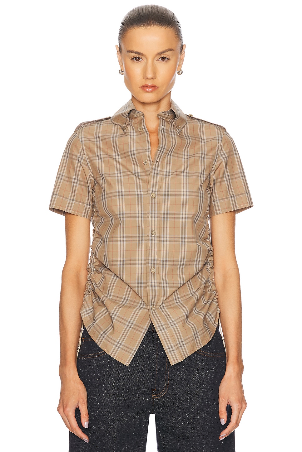 Shop Burberry Button Up Top In Nut Ip Check
