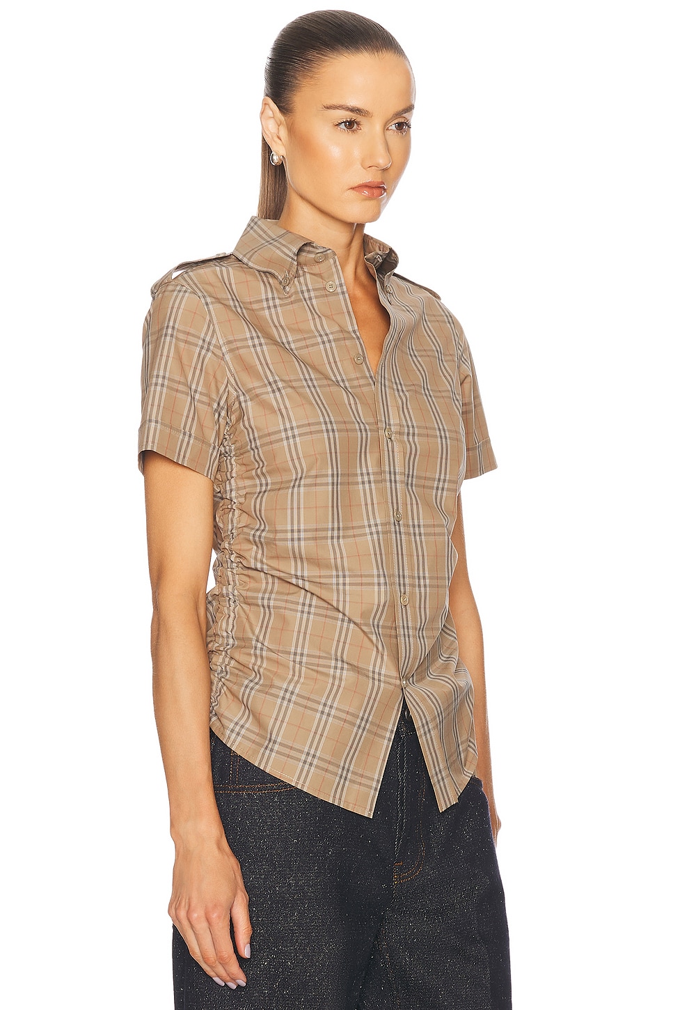 Shop Burberry Button Up Top In Nut Ip Check