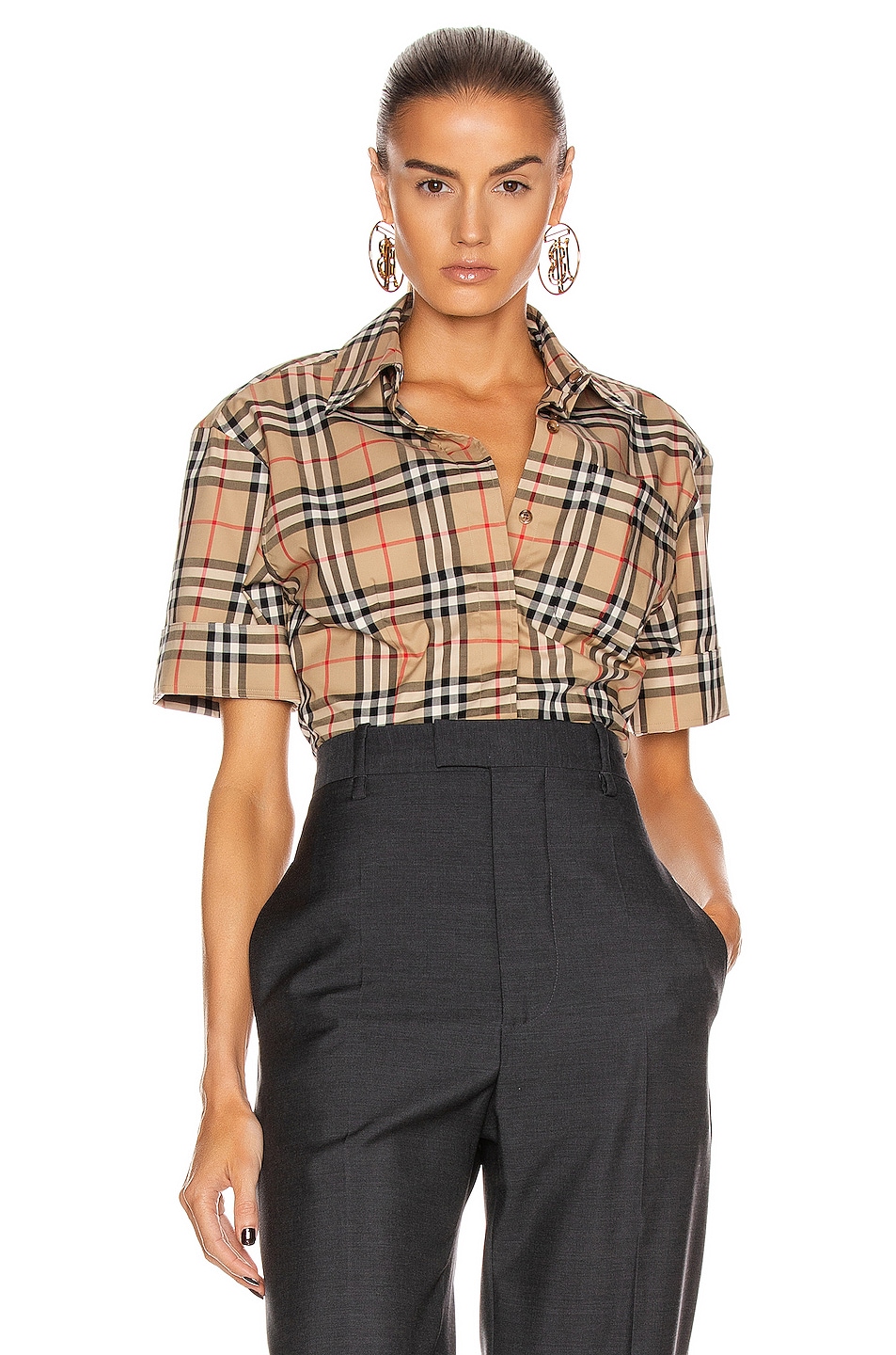 Image 1 of Burberry Short Sleeve Boxy Fit Top in Archive Beige Check