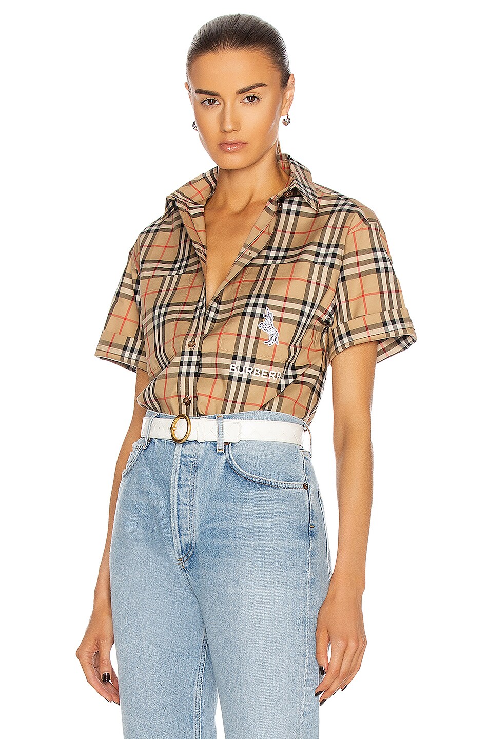 Image 1 of Burberry Curlew Short Sleeve Button Down Top in Archive Beige Check