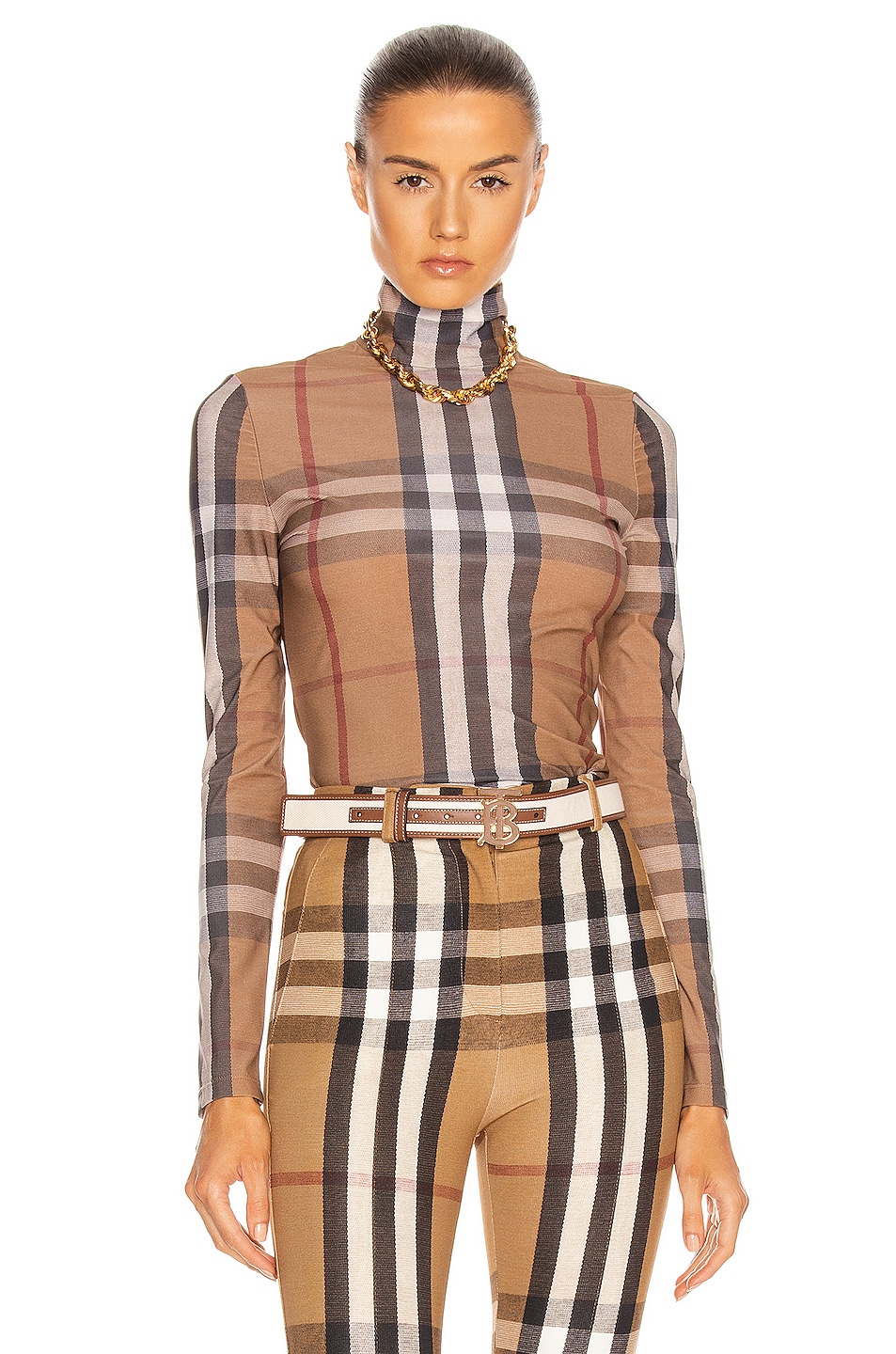 Image 1 of Burberry Nylon Stretch Long Sleeve Top in Soft Fawn Check
