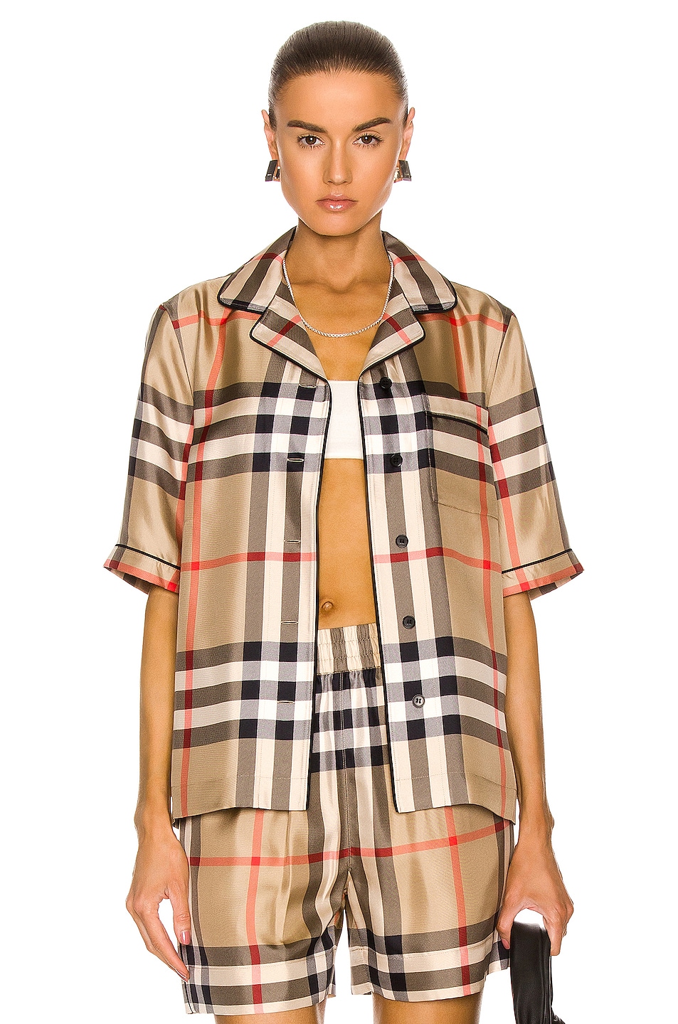 Image 1 of Burberry Tierney Bowling Pajama Shirt in Archive Beige IP Check